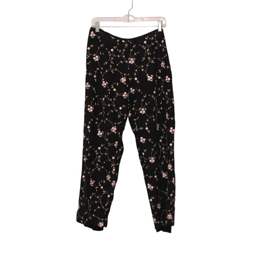 Karen Kane embroidered Black Floral High Rise Elastic Waist Slim  Pants  Size 8